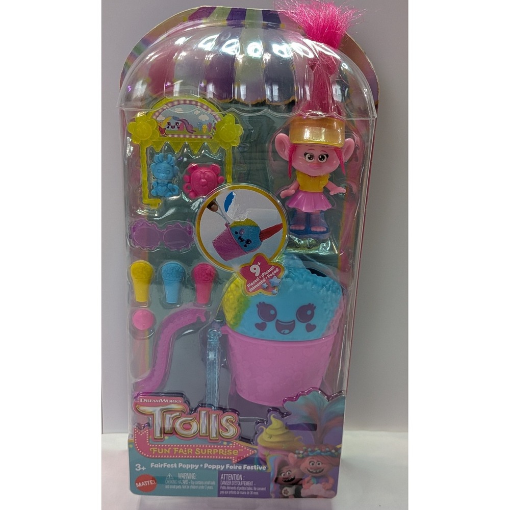 Mattel Trolls Fun Fair Surprise FairFest Poppy Playset New Pink Blue 9pc HXX99